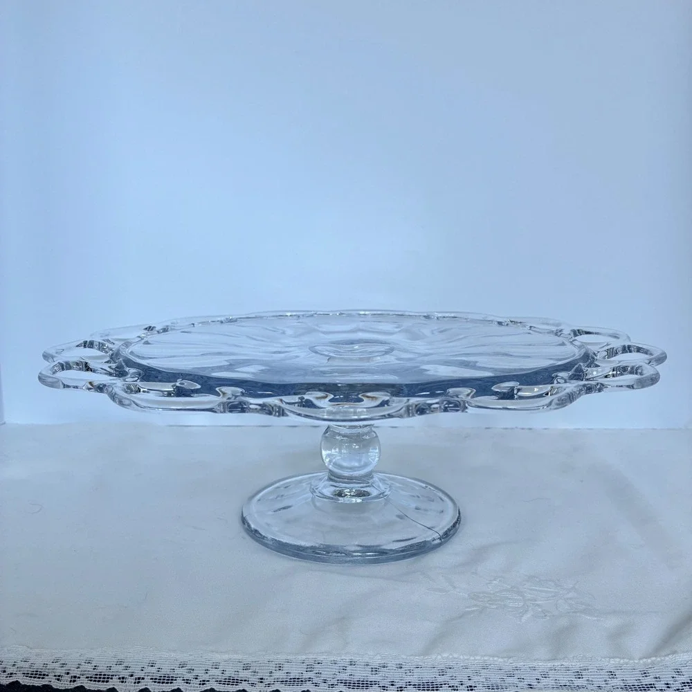 Vtg Crocheted Crystal Cake Stand/Pedestal Imperial Glass Laced Edge Tea Party